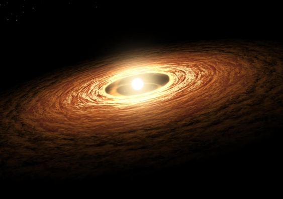 Young stars are surrounded by dense disks of gas and dust – the raw materials for creating planets. Over time, the disk scatters and disappears, making new planets visible to outside observers. Image: NASA/JPL-Caltech