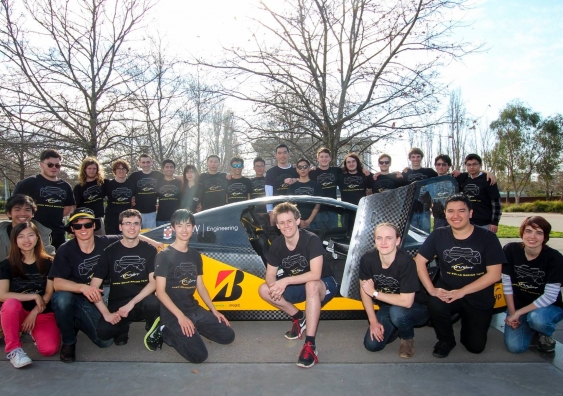 The UNSW Solar Racing Team Sunswift at a recent test run in Canberra. Sitting in the car is team leader Hayden Smith.