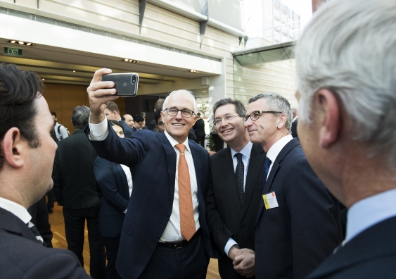 Prime Minister Malcom Turnbull with UNSW President and Vice-Chancellor Professor Ian Jacobs, and UNSW Chief Communications Officer Darren Goodsir. Photo: Aran Anderson