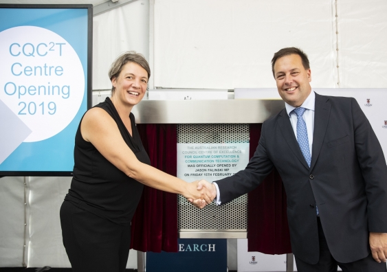 Director of CQC2T and Scientia Professor Michelle Simmons with Jason Falinski MP at the launch of the Australian Research Council Centre of Excellence in Quantum Computation and Communication Technology.