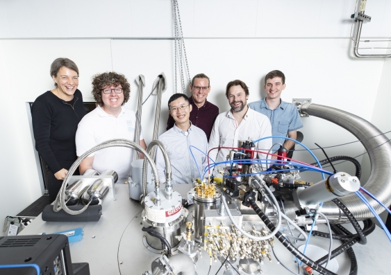 Prof Michelle Simmons with her team's latest breakthrough in quantum computing. Pictured, left to right: Prof Simmons, Dr Sam Gorman, Dr Yu He, Ludwik Kranz, Dr Joris Keizer and Daniel Keith.