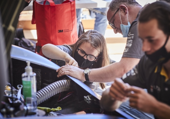 Sunswift Racing team manager Andrea Holden working on the seventh design of UNSW's high performance solar powered car. Photo by Richard Freeman