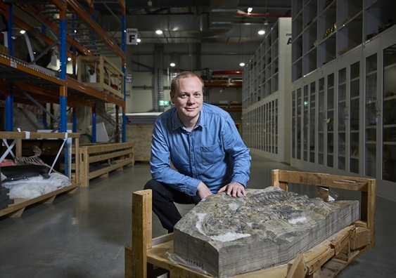 Lachlan Hart says the fossil is a unique example of a group of extinct animals known as temnospondyls, which lived before and during the time of the dinosaurs. Photo: UNSW Sydney/Richard Freeman