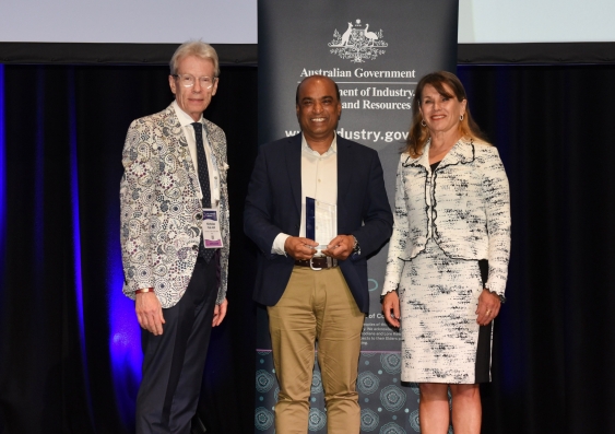 UNSW Professor Gangadhara Prusty was presented with the Award for Enduring Industry-Research Collaboration. Pictured UNSW Deputy Vice-Chancellor, Research & Enterprise, Professor Nicholas Fisk,  Prof. Prusty from the School of Mechanical and Manufacturing Engineering and Chair of  Cooperative Research Australia Belinda Robinson. Image: CRA