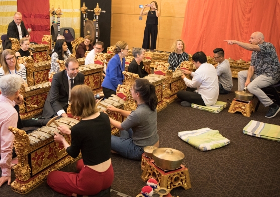 UNSW Sydney Management Board are taught the Gamelan ensemble. Photo: supplied