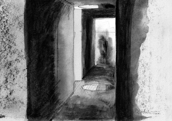 One of the underground tunnels in the Earth and Sky project. Image: Penny Fraser (charcoal and ink)