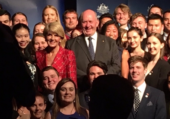 Foreign Minister Julie Bishop and Governor-General Peter Cosgrove with some of the 2017 NCP scholarship winners. Photo: supplied.