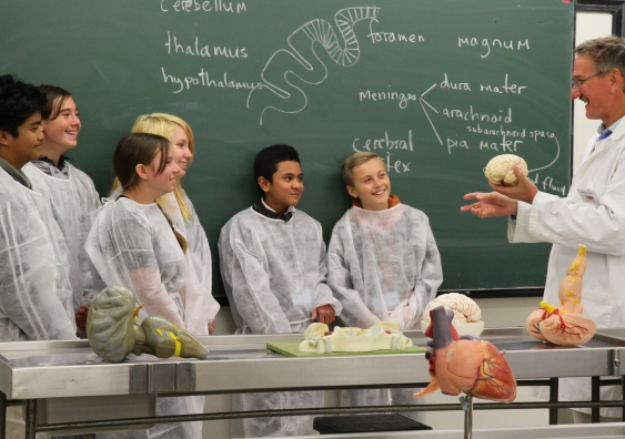 Some of the Matravile High students in UNSW's anatomy lab with Professor Ken Ashwell