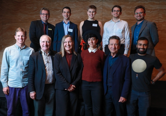 Winners and judges from the 2019 UNSW 3 Minute Thesis Final. Top row (left to right): Professor Jonathan Morris, Dean of Graduate Research; John Kokkinos; Georgina Carson; Liam Cheney; Carl Smith. Front row (left to right): Simon Lloyd; Robyn Williams; Dr. Christine Evans; Tania Safi; Bill Manos; Dr. Niraj Lal. Image by Maja Baska.