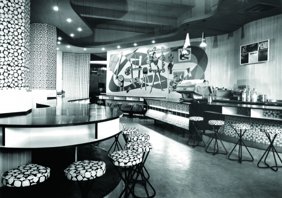 Interior of the Latin Quarter espresso lounge, Pitt Street, 1958. Photo: Max Dupain and Kerry Dundas, 1958. Courtesy Max Dupain & Associates.