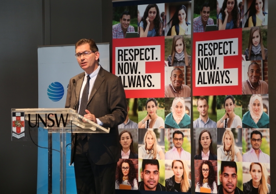 UNSW Vice-Chancellor Professor Ian Jacobs helps launch the Respect. Now. Always. national university student survey on sexual assault and harassment. Photo Steve Offner
