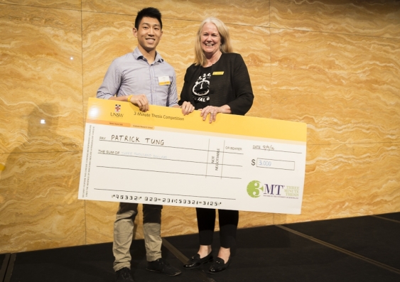 Three-Minute Thesis winner Patrick Tung with Professor Laura Poole-Warren, Pro Vice-Chancellor (Research Training) and Dean of Graduate Research. Photo: Jayne Ion