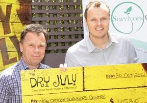 Cancer Survivors Centre Director, Professor Andrew Lloyd (left), receives the cheque from Dry July co-founder Brett Macdonald.