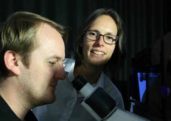 Professor Kat Gaus and postdoctoral student Dr Elvis Pandzic with one of the super-resolution microscopes at UNSW's Centre in Single Molecule Science.