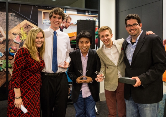 Microsoft Australia Managing Director Pip Marlow (left) with Team 'Confufish Royale' (left to right) Matthew Moss, Kenneth Wong, Nick Darvey and Brad Lorge.