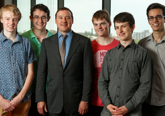 Mr Shane Finemore (centre) with five of the six award recipients (L-R) Michael Wright, Connor Jones, Lachlan Wright, Thomas Horspool and Brayden Morris. Photo: Maja Baska