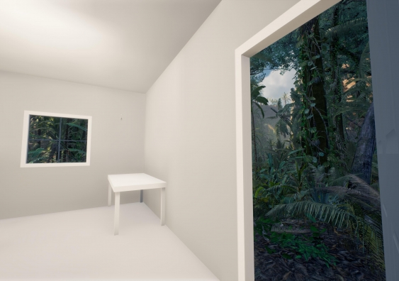A room looking out onto a lush forest, one of the virtual landscapes in the mixed-reality experience, The Edge of the Present. Photo: Alex Davies
