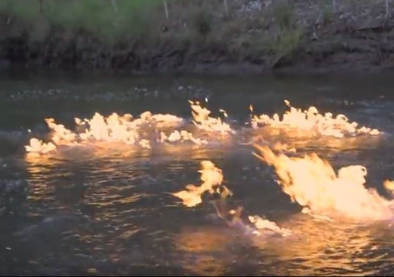 Ignited methane gas from the seep on the Condamine River. Screenshot from Jeremy Buckingham/YouTube