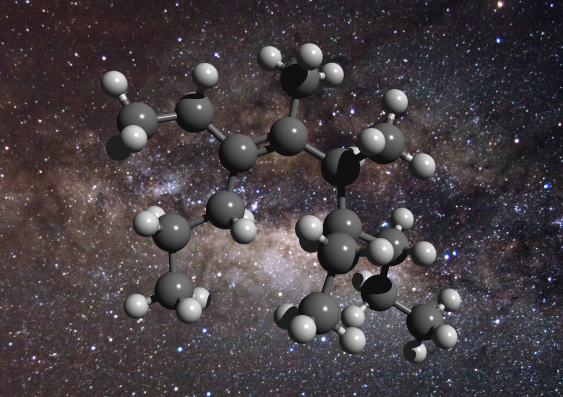 An illustration of the structure of a greasy carbon molecule, set against an image of the galactic centre, where this material has been detected. Carbon is represented as grey spheres and hydrogen as white spheres. Credit: D. Young (2011), The Galactic Center. Flickr – CreativeCommons