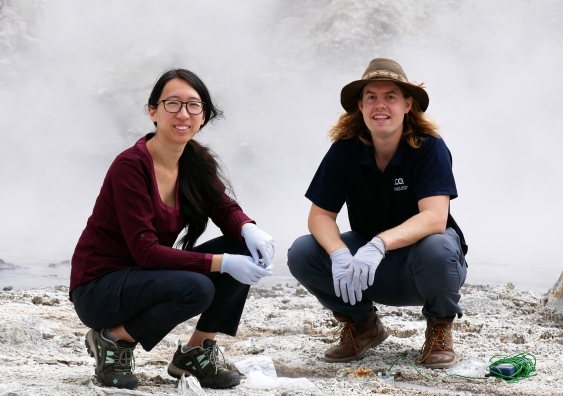Hot springs in New Zealand took Dr Anna Wang and Mr Luke Steller a step closer to the complex geological processes that happened on early Earth. Image: ABC Catalyst.