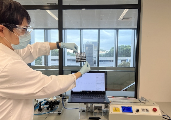 Prof. Chu is an ARC Fellowship recipient for ‘Bio-inspired Sustainable Materials for Self-powered Environmental Sensing’. This picture shows a printed moisture electric generator device. Photo: supplied