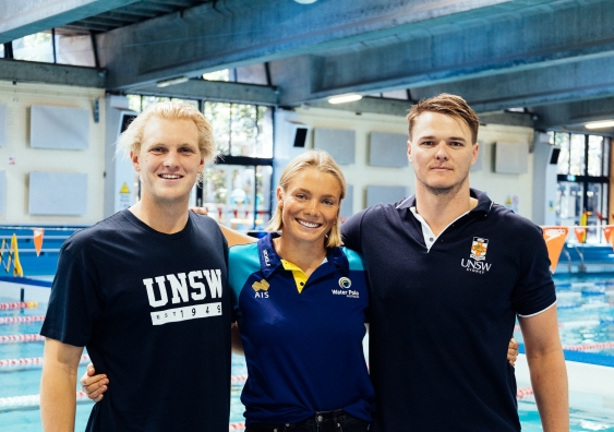 Eight UNSW students, including water polo players (L-R) Tim Putt, Amy Ridge and Nathan Power, and four alumni will compete at the Tokyo Olympics. Photo: Arc UNSW