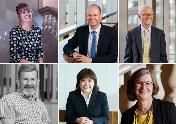 Six new UNSW Fellows have been elected to the Academy of the Social Sciences in Australia. Clockwise from top left: Grace Karskens, Harald van Heerde, Henry Brodaty, Kathy Bowrey, Mandy Cheng and Simon Killcross.