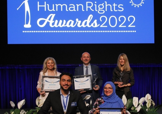 Australian Human Rights 2022 Awards recipients, rear from left, Caroline Cecile Fletcher (Young People’s Award), Andrea Comastri (Community Award), Scientia Professor Jane McAdam (Law Award), front from left, Mahboba Rawi and Nawid Cina (Human Rights Medal). Photo: Australian Human Rights Commission