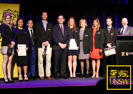 UNSW Vice-Chancellor Ian Jacobs (centre) with the 2016 Blues recipients.