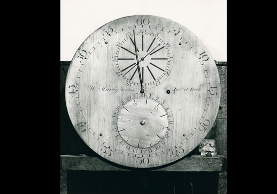 Dr Lily Hibberd questions the notion of one universal time and the means used to lay claim to land in colonial Sydney in her project Boundless – out of time. Dial of a Hardy sidereal clock, silver gelatin print. Photo: Sydney Observatory 1979, photographer unknown.