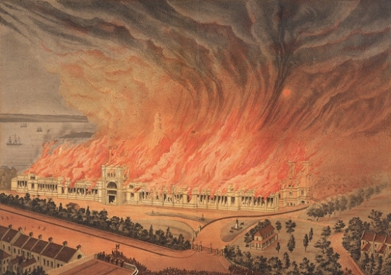 Lithograph, ‘Burning of the Garden Palace, Sydney’, Gibbs Shallard and Company, Sydney, 1882. Museum of Applied Arts and Sciences, Sydney.