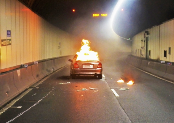 Wi-Fi transmitters and receivers were set up to monitor readings from this controlled test explosion of a car in the Sydney Harbour Tunnel. Photo from Aruna Seneviratne.