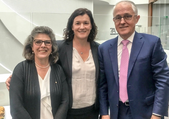 Professor Michelle Haber AM, Executive Director, Children's Cancer Institute, Associate Professor Tracey O’Brien, Director of the Kids Cancer Centre, Sydney Children’s Hospital Randwick and Prime Minister Malcolm Turnbull at the funding announcement in Melbourne yesterday. Photo: Children's Cancer Institute