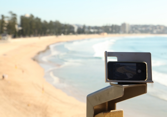 CoastSnap is a network of simple camera mounts at beaches that invite the public to take a photo and upload it to social media. Photo: Larry Paice.