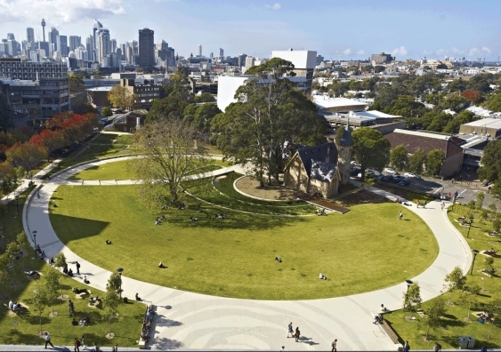 An Aboriginal hunting ground is acknowledged in Cadigal Green, University of Sydney, by landscape architects Taylor Cullity Lethlean with Paul Thompson and Paul Carter, 2009.