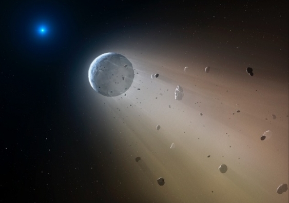 An artist's impression of a rocky planet disintegrating around a white dwarf star. Credit: Mark A. Garlick