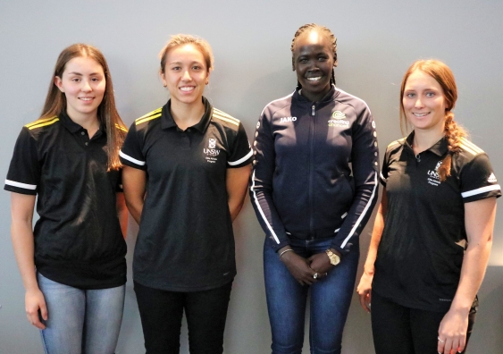 Current and former UNSW students (L-R) Emma Bosco, Rebecca Beeson, Anyier Yuol and Taylah O'Neill shared their expertise with Westfield Sports High School students. Photo: UNSW Sport