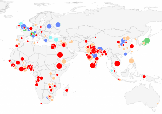 A visualisation of crowd safety incidents across the world since 1900, showing the location, year of occurrence and number of fatalities for each accident. Image supplied by Associate Professor Claudio Feliciani & Dr Milad Haghani.
