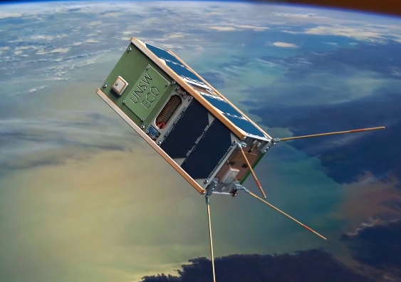 Artist’s impression of the UNSW-EC0 cubesat in orbit above Earth. (Credit: Jamie Tufrey/UNSW)