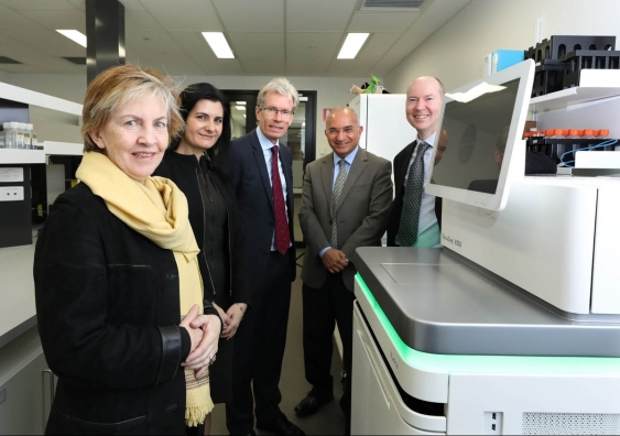 L-R  Mary O'Kane, NSW Chief Scientist; Rebecca Johnson, Australian Museum Research Institute; Nicholas Fisk, UNSW Deputy Vice-Chancellor (Research); Emad El-Omar, Microbiome Research Centre; and Marc Wilkins, Ramaciotti Centre inspect one of the new technology platforms. Photo: Grant Turner/Mediakoo.