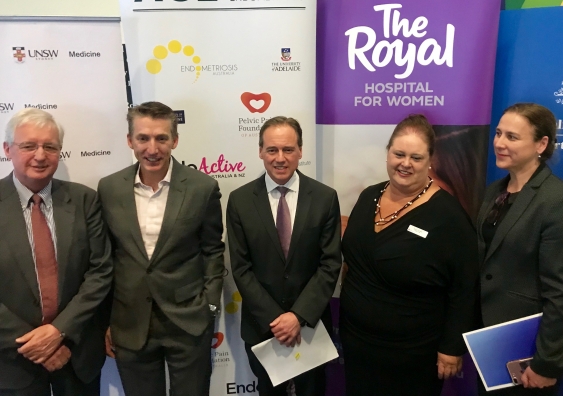 Michael Still, Chair of the South Eastern Sydney Local Health District (SESLHD) board, Professor Jason Abbott, Health Minister Greg Hunt, Kim Olesen, Acting Chief Executive SESLHD, and Vanessa Madunic, General Manager of the Royal Hospital for Women.