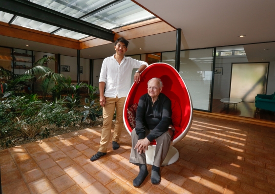 Glenn Murcutt (seated) with Matt Chan in Sydney’s Ockens House. PHOTO: Peter Rae/Fairfax