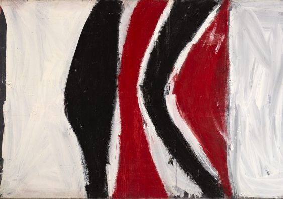 Tony Tuckson. ‘Four uprights, red and black’ [TP62] c1965. polyvinyl acetate and pigment on hardboard 122 x 183 cm Art Gallery of New South Wales, Sydney, gift of Frank Watters 2018, donated through the Australian Government’s Cultural Gifts Program © The estate of the artist