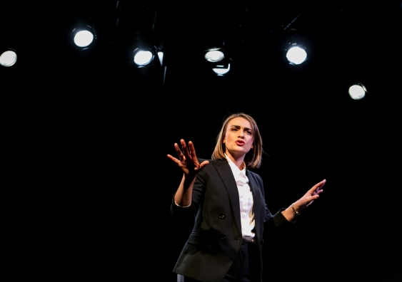 Sheridan Harbridge as Tessa in Prima Facie, a new play about a lawyer who becomes a victim of the legal system after she is sexually assaulted. Image from Brett Boardman