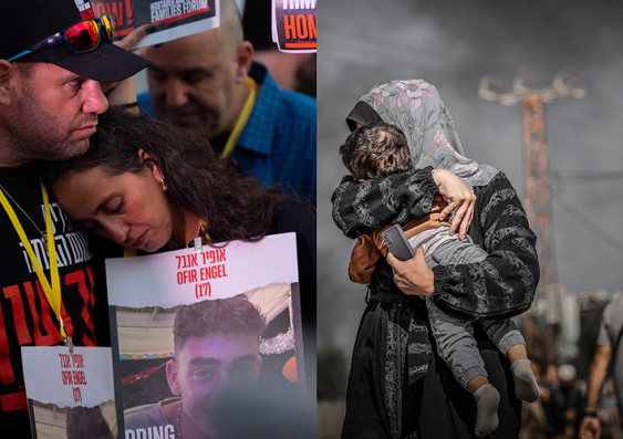 Families of the hostages during the March for the Hostages on November 18, 2023 in Jerusalem. Right: Palestinians flee the northern part of the Gaza Strip on November 10, 2023. Alexi J. Rosenfeld/Getty; Belal Khaled/Anadolu via Getty Images