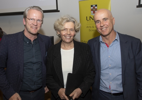 Professor Chris Davison, Head of school at the UNSW School of Education (centre), Finnish education expert Pasi Sahlberg (left) and Gonski Institute for Education Director Adrian Piccoli (right) a forum in the Ainsworth Auditorium at UNSW. Photography by Quentin Jones.