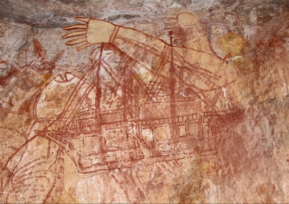 An Aboriginal rock painting in Kakadu National Park of an early European ship. Wikimedia Commons, Google Art & Griffith University