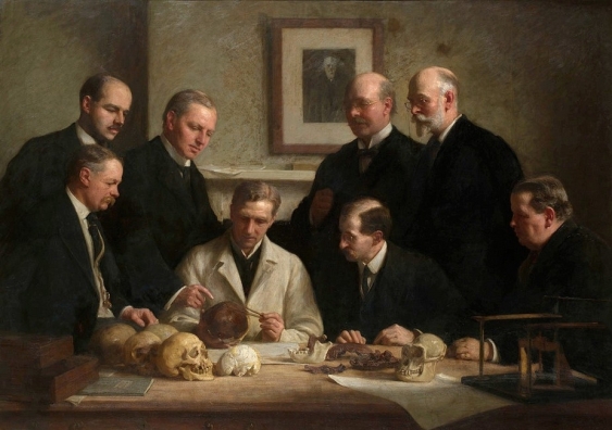 The ‘gang’ of researchers implicated in the ‘Piltdown Man’ fraud. Despite 104 years since it was perpetrated, only one person (Charles Dawson) remains the key suspect. Back row: (left to right) F. O. Barlow, G. Elliot Smith, Charles Dawson, Arthur Smith Woodward. Front row: A. S. Underwood, Arthur Keith, W. P. Pycraft, and Sir Ray Lankester. Credit: John Cooke, 1915 Wikimedia Commons