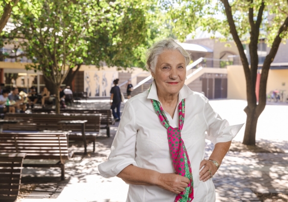 Catherine Harris in the courtyard that will be named in her honour. Ms Harris was the first woman to graduate from UNSW with a Bachelor of Commerce in Marketing. Photo: Maja Baska