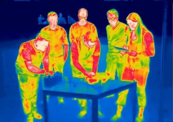 The UNSW ‘night-time solar’ team captured via infrared camera. They used the same kind of semiconductor technology to produce power for the first ever time from the emission of light.
